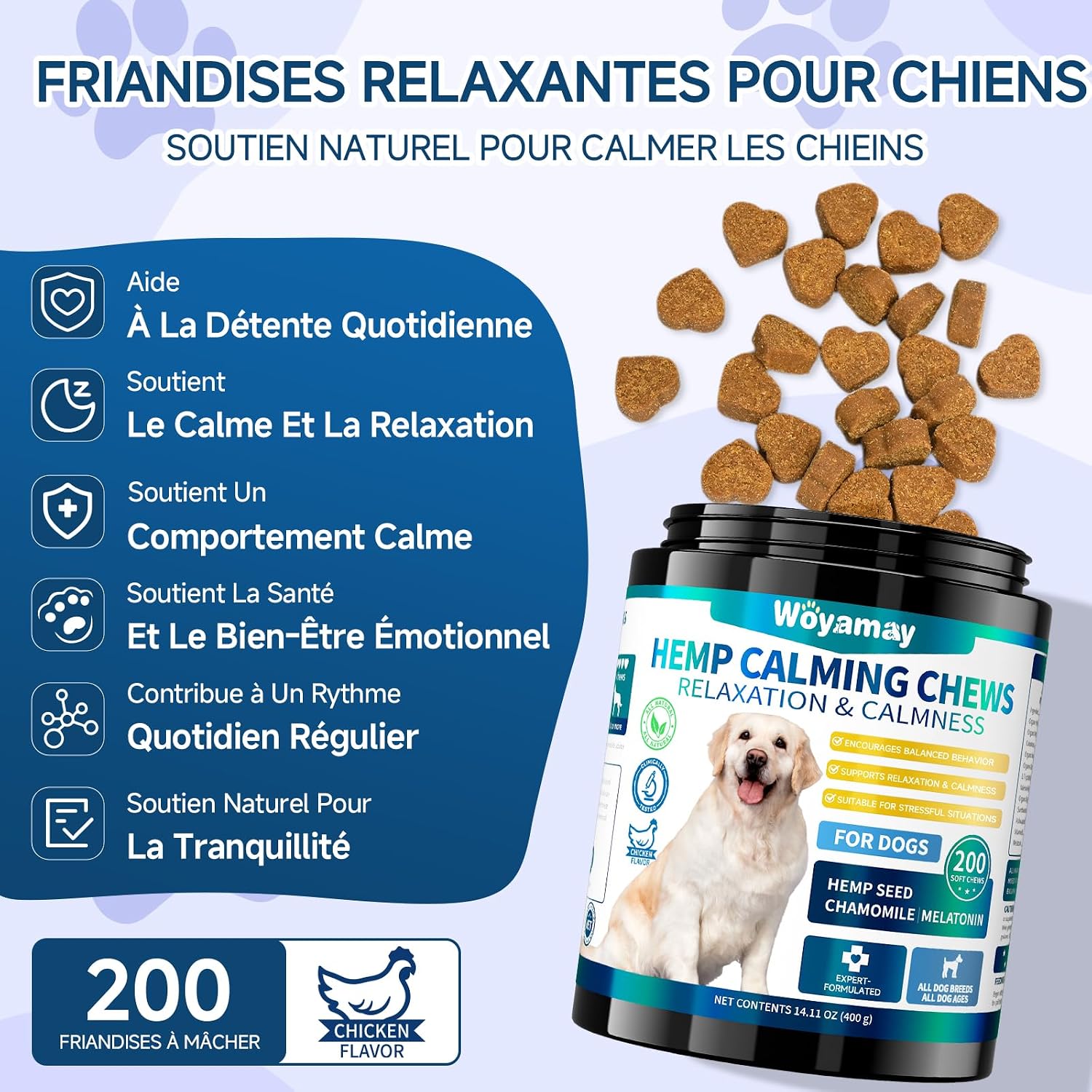 Calmantes pour Chien, 200 Pièces Calmant à Mâcher pour Chiens, pour Accompagner Lors de Moments de Séparation, Voyage, Feux d’Artifice ou Orages, Saveur Poulet