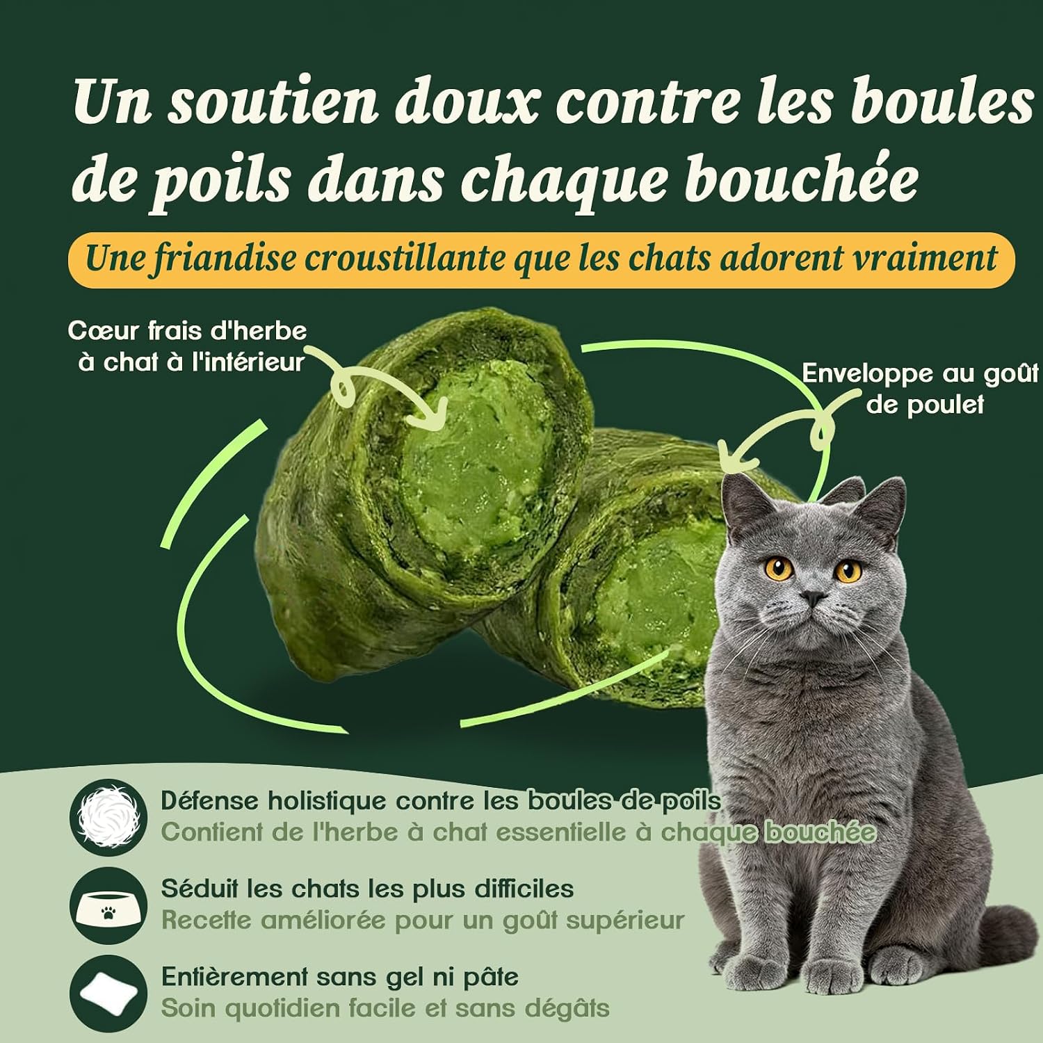 Friandises à l'herbe à chat pour chats – 500 bouchées à mâcher contre les boules de poils, avec huile de poisson, taurine et VB pour le soutien digestif, la peau et le pelage, et l'hygiène dentaire