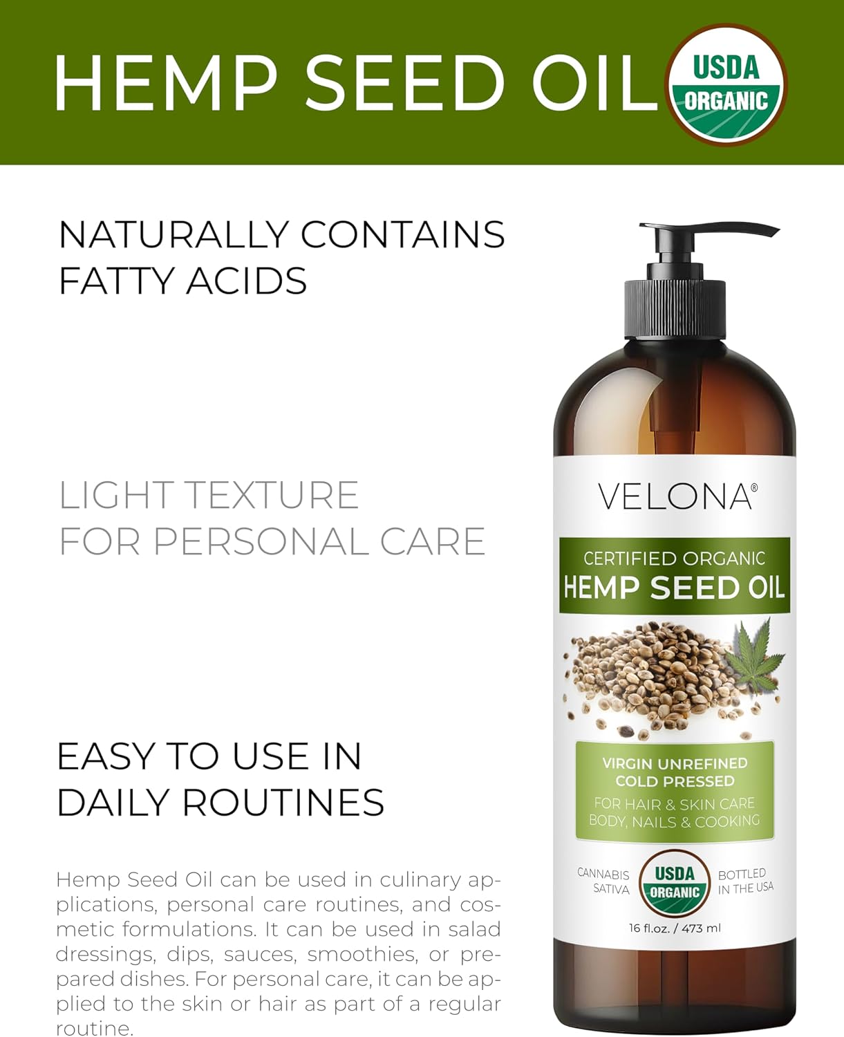 Velona USDA Huile de graines de chanvre biologique – 950 ml, pressée à froid, avec pompe Huile de chanvre biologique
