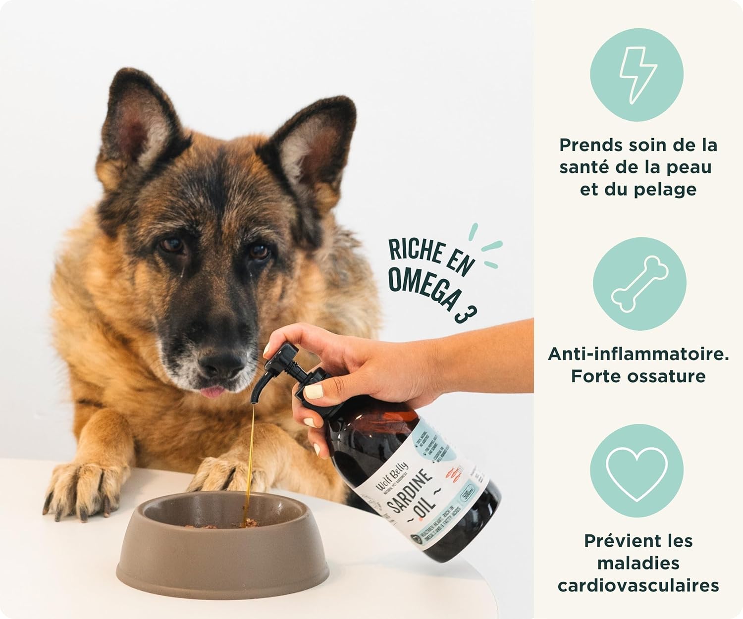 Wolf Belly - Huile de Sardine pour Chien et Chat 100% Naturel (500 ML) Omega 3,6,9 et Vitamine E - Peau Saine et Pelage Brillant - Articulations Fortes - Système Immunitaire Sain - Fabriqué en UE