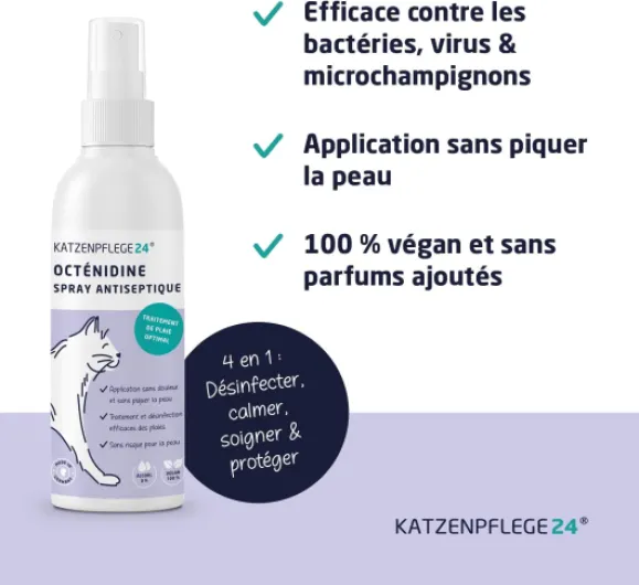 Spray antiseptique et cicatrisant octénidine chat - Désinfecte, apaise, soigne & protège tout type de plaies sans piquer la peau - 125 ml avec des substances actives éprouvé