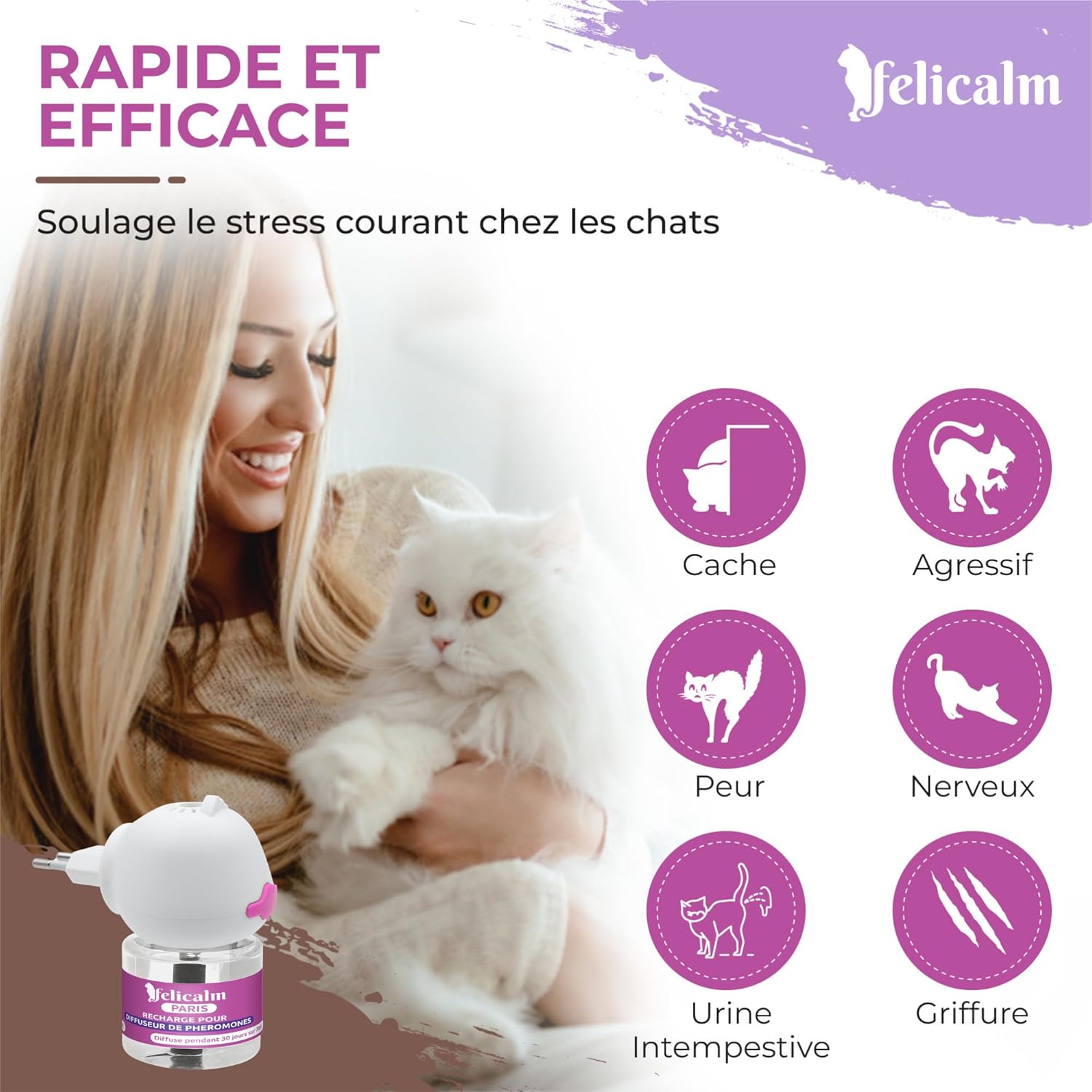 Paris -Nouvelle Formule de PHEROMONE pour Chat et Chaton -DIFFUSEUR Intelligent ECONOMIQUE SECURITAIRE + Recharge de 48 ML- Anti Stress pour Chat- CALMANT- Bonheur et Harmonie.