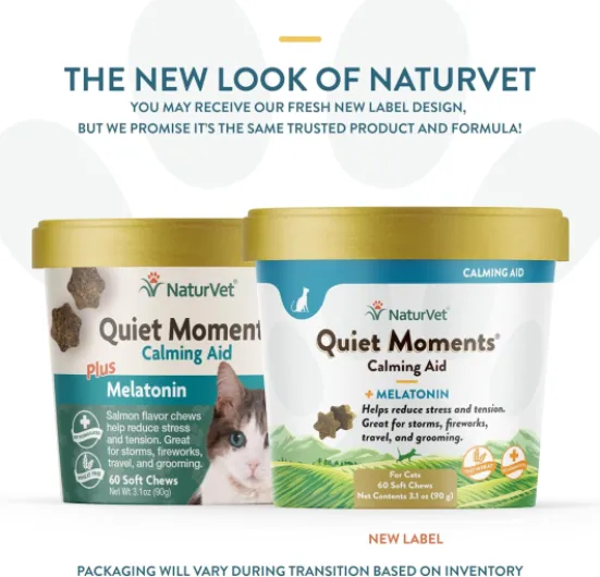 NaturVet Quiet Moments Calming Aid Plus Mélatonine pour Chats, 60 CT à mâcher Doux, fabriqué aux États-Unis