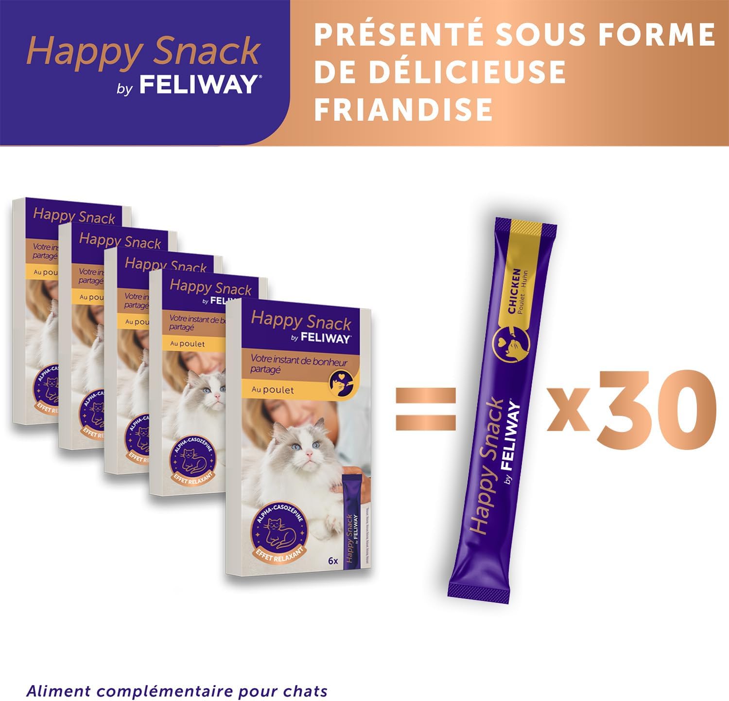 Happy Snack by FELIWAY - Pack de 5 boits - Friandise Onctueuse Relaxante pour Chat - Appréciée par 86% des Chats - sans Somnolence - Au Poulet - 30 Sticks de 15g 6 g (Lot de 5)