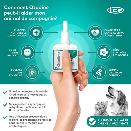 Otodine - Nettoyant Oreille Chien et Chat - Nettoyant Auriculaire Assainissant pour Chien et Chat - Soin pour l'Hygiène et la Santé Auriculaire des Animaux Sujets à l'Otite Externe - 100ml