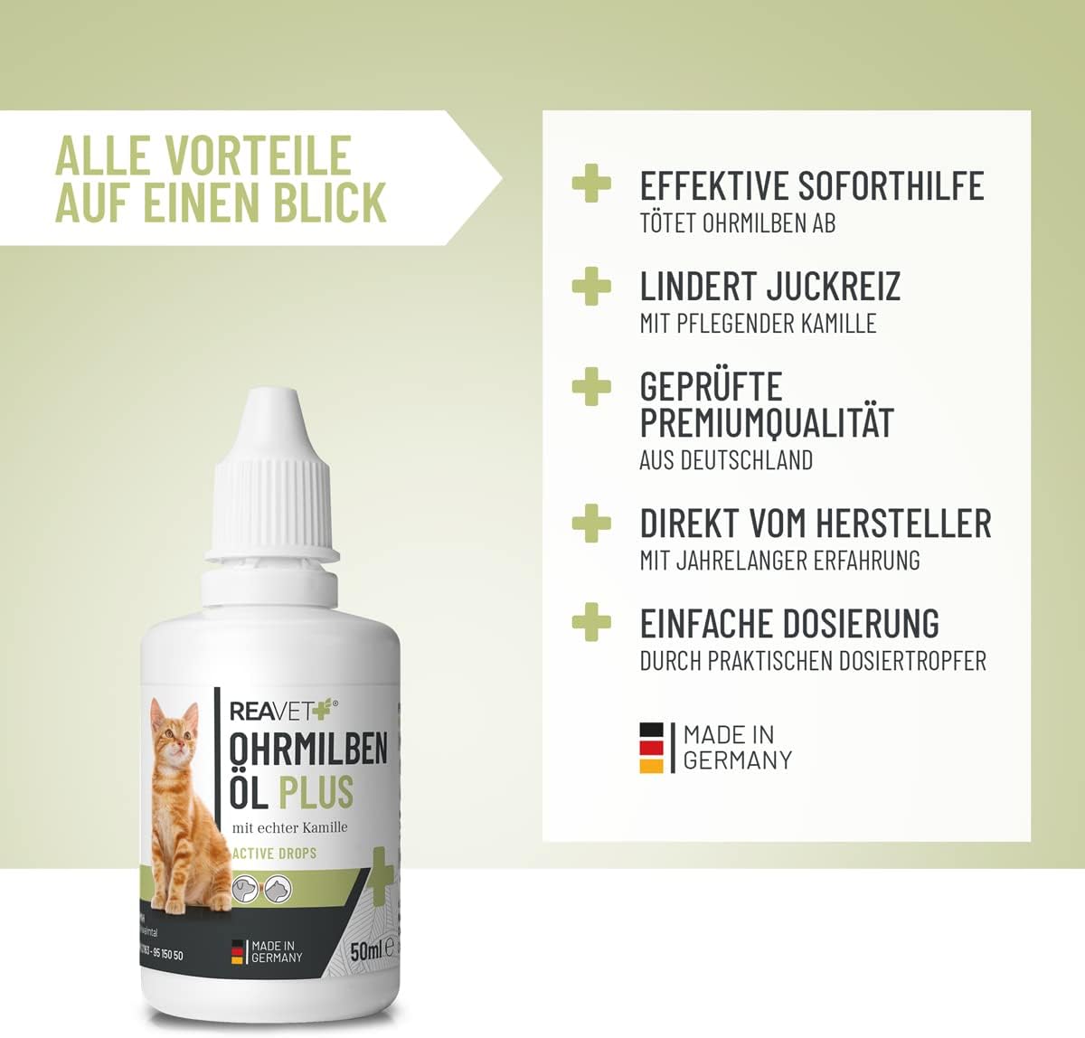 ReaVET Huile d'acariens Plus 50 ML - Remède Efficace immédiat pour Chats - Contre Les acariens à la Camomille pour Chat - Soin Doux pour Les démangeaisons dans l'oreille, Gouttes Auriculaires
