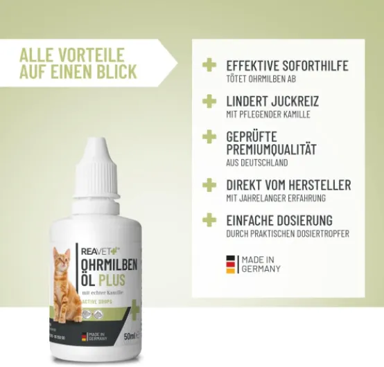 ReaVET Huile d'acariens Plus 50 ML - Remède Efficace immédiat pour Chats - Contre Les acariens à la Camomille pour Chat - Soin Doux pour Les démangeaisons dans l'oreille, Gouttes Auriculaires