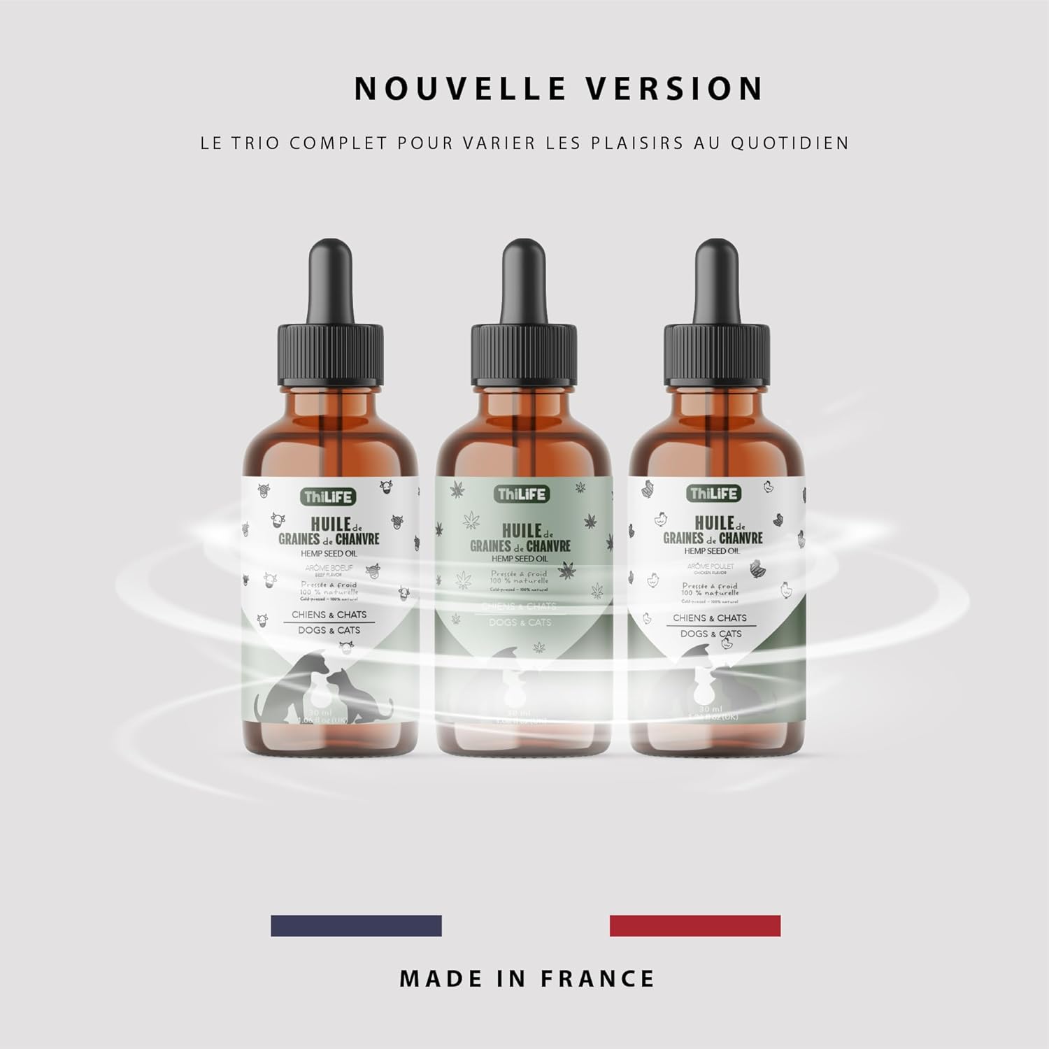 Huile de Graines de Chanvre pour Chiens & Chats Adultes – Lot Découverte 3 Saveurs (Poulet, Nature & Bœuf) – Oméga 3-6-9 – Vitamine E – Pipette – 3×30 ML – Fabriqué en France Poulet Nature & Bœuf 3 x 30 ml