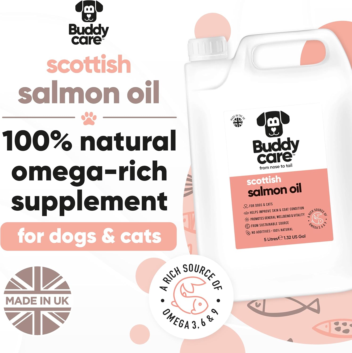 Buddycare Premium Zalmolie voor Honden UK (5L) - Essentiële Omega 3, 6 & 9 Supplementen voor Katten & Honden - Natuurlijke Omega 3 Voor Katten