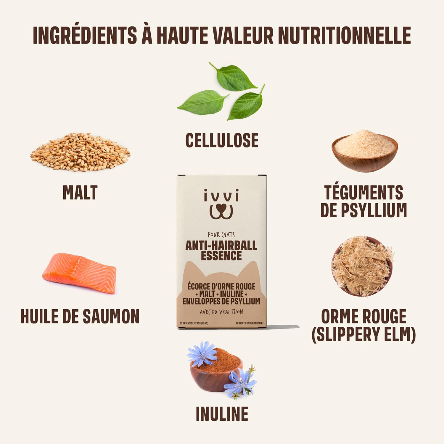 Ivvi Anti-Boules de Poils Essence pour Chats – Crème à lécher avec Malt, Orme Rouge, inuline & psyllium – Soutien digestif Naturel – 30x15g – au Vrai Thon