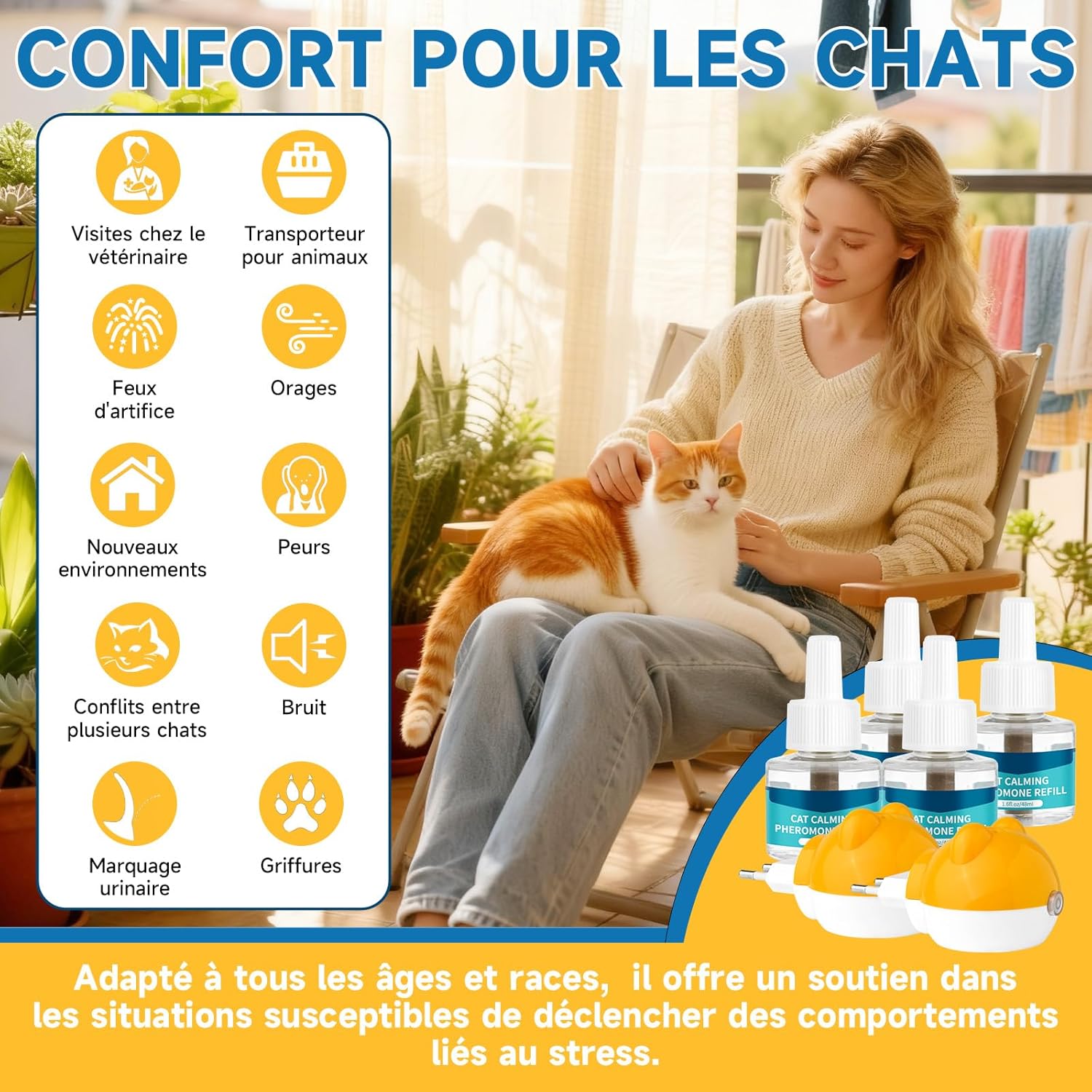 VICSOM 6 en 1 Cat Diffuseur Pheromones Chat Compatible avec Tous Les Diffuseurs Courants, Diffuseur Chat Anti Stress 120 Jours pour Soulager, La Relaxation Et L'anxiété (2 Diffuseur + 4 Recharges) 2 Diffuseurs + 4 Recharges
