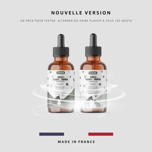 Huile de Graines de Chanvre pour Chiens & Chats Adultes – Saveur Naturelle & Bœuf – Oméga 3-6-9 & Vitamine E – Lot 2x30ml – Fabriqué en France Naturelle & Bœuf 2 x 30 ml