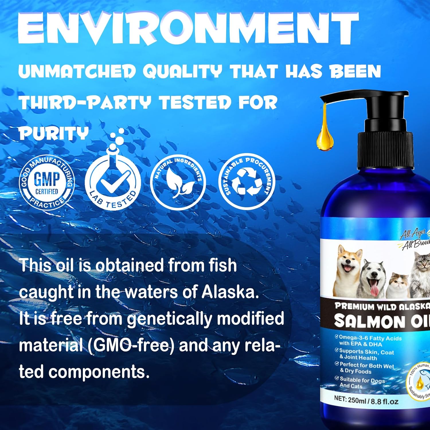 Huile de poisson pour chien d'Alaska, huile de saumon sauvage pour chiens et chats (8,8 oz) - Acides gras oméga-3-6 avec EPA et DHA - Soutien de la santé de la peau, du pelage et des articulations