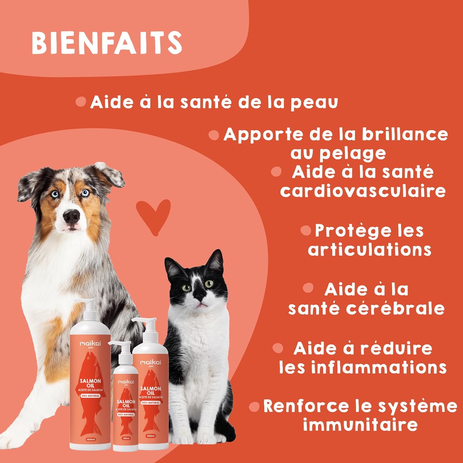 Huile de Saumon 100% Naturelle Norvégien Riche en Oméga 3 6 et 9 500ml Pressée à Froid Supplément Barf Antipelliculaire et Anti-Inflammatoire pour Chiens et Chats Maikai 500 ml