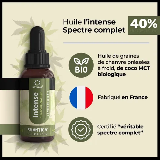 NOVALOA - Huile L'Intense - À Partir d'Huile de Graines de Chanvre Pressées à Froid 4000mg - Fabriquée en France - 10 ml