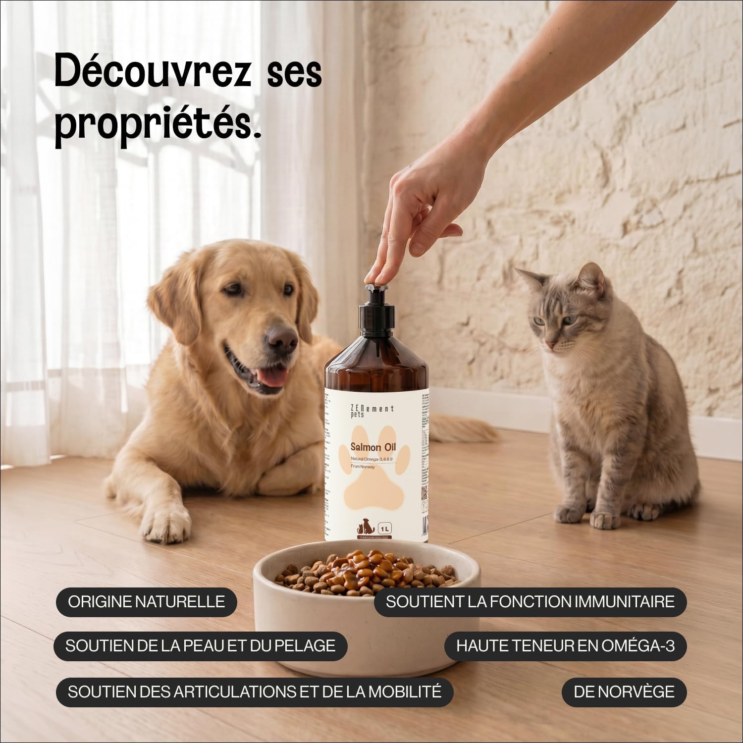 Huile de Saumon 100% Naturelle pour Chiens et Chats – Origine Norvégienne, Oméga-3, 6 et 9 avec EPA, DHA et DPA – Peau, Pelage et Articulations – 1000 ML avec Pompe Doseuse – Zenement Pets